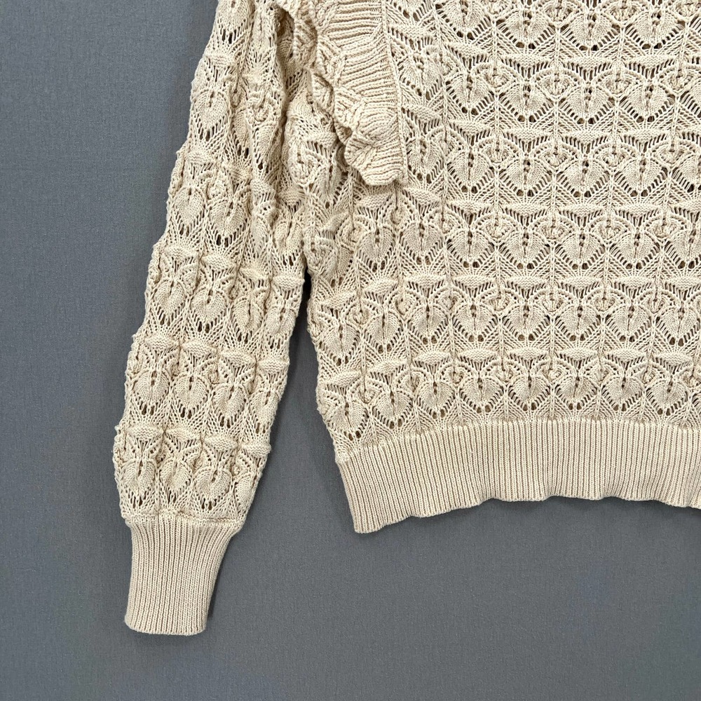 LINE + DOT Diane Sweater Womens Large Cream Crochet Ruffle Shoulder Round Neck - Picture 9 of 15